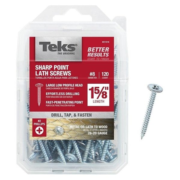 Teks Self-Drilling Screw, #8 x 1 5/8 in, Zinc Plated Steel Truss Head Phillips Drive 21516